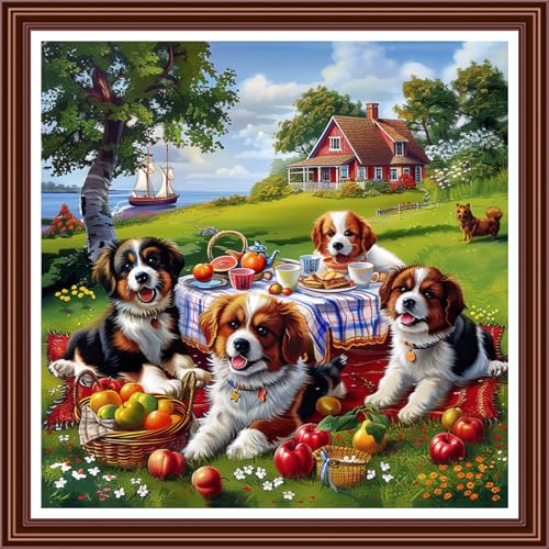 Dimensean Counted Cross Stitch Kit for Beginners, 11CT Unprinted Cross-Stitch Kit Easy Patterns Needlepoint Kit Cross Stitching Embroidery Kit Supplies-Little Dog Family Camping 18x18 inch - color: ColorDIY10