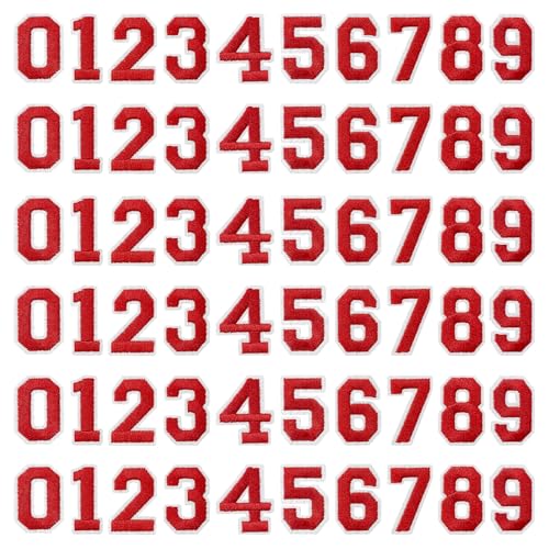 J.CARP 60Pcs Red Number 0 to 9 Patches Iron on Sew on Letters for Clothing, Hats, Shoes, Backpacks, Handbags, Jeans, Jackets etc. - color: 60pcs Number, Red