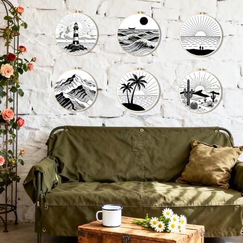 BEUNITONE 6PCS Beginner Embroidery Kit for Adults, Minimalist Black and White Style Pre-Stamped Pattern Needlepoint Kits with Hoops & Instruction, Hand Embroidery Kits for Fabric and Home Decor 7.9" - style: Black White Scenery