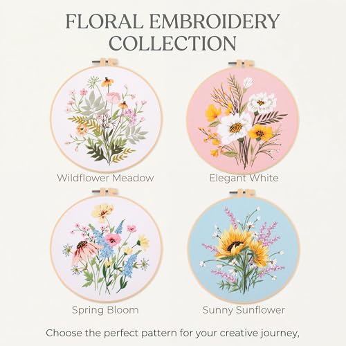 Harimau Adult Beginner Embroidery Starter Kit, Complete Set with 4 Patterns, 2 Hoops, Needles, Scissors, Instruction Guide & Stitching Video Tutorials - color: Floral2 pattern