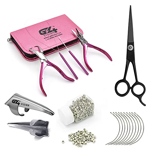 G4 VISION Professional Hair Extension & Beading Tool Kit - 4 Piece Set (Light Blonde Beads) - I-Link Micro Ring Loop Needle Pulling Hook Threader Wire for Silicone Rings - color: Light Blonde Beads