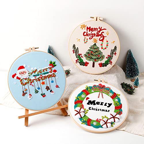 4 Sets Christmas Embroidery Starter Kit with Pattern for Beginners,Merry Christmas Embroidery Kit Ornaments, DIY Cross Stitch Set with 4 Plastic Embroidery Hoops,Color Threads,Tools and Instructions - color: Xmas White Beige Blue