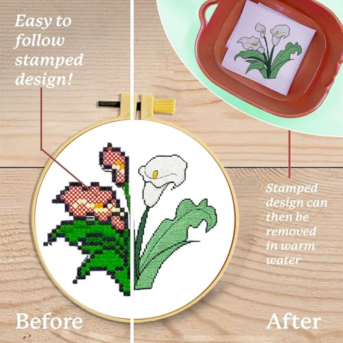 Zhenqing 4 Pack Floral Stamped Cross Stitch Kit, 11CT Printed Primrose Carnation Calla Lily Iris Patterns with 12 cm Hoop, Tools, DIY Botanical Embroidery Set for Adults - color: Floral-4 Piece-2