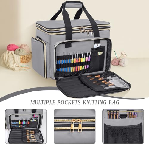 Knitting Bag, Crochet Bag Organizer, Yarn Storage Bag with Divider - color: Grey