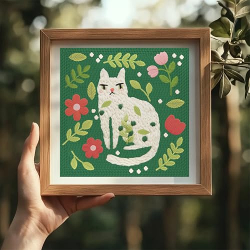 Doodlream Cat Leaf DIY Punch Needle Embroidery Kit for Adult Beginner, 9.4" White Cat Punch Stitching Craft Set for Starter with Frame, Fabric Pattern, Threader, Yarn, Pinch Needle - color: Cat Leaf