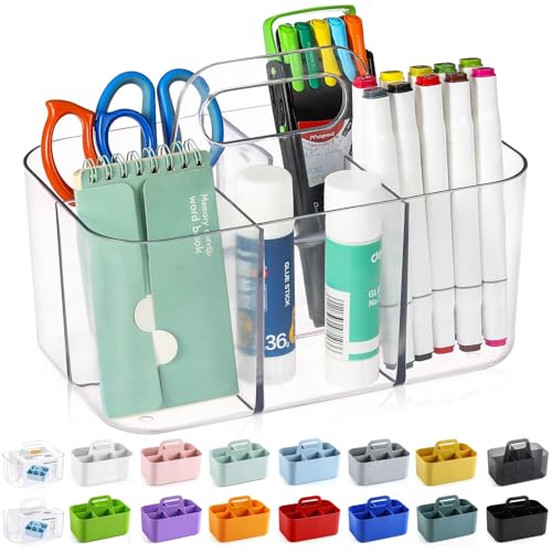 AOZITA Multiuse Caddy Organizer with Handle, Portable Divided Tote Bin - Art Craft, Stationary Pen Marker Crayons, Makeup Hair Supplies Storage - Bathroom, Classroom, Dorm, Office, Desk Holder -Clear - color: Clear