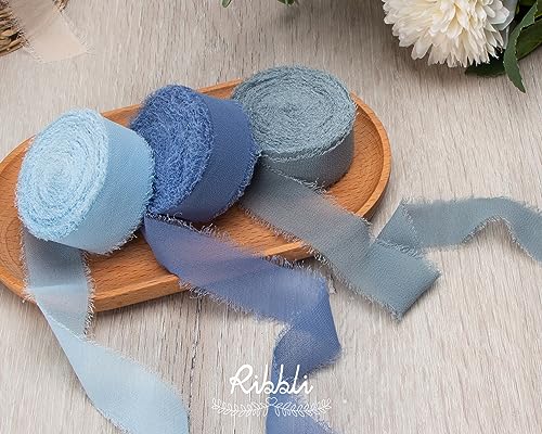 Ribbli Dusty Blue Chiffon Ribbon 1 Inch x 20 Yard Handmade Fringe Chiffon Silk Ribbon Dusty Blue Ribbon for Gifts Wrapping, Wedding Invitations, Bridal Bouquets, Flower Arrangement - color: Dusty Blue, size: 1 inch