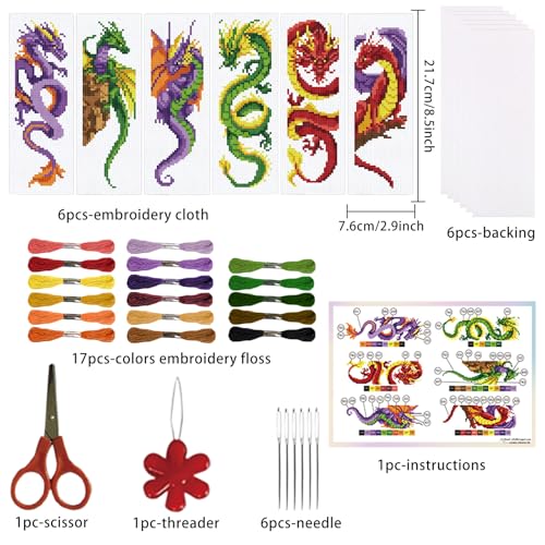 ORIGACH 6 Set Dragon and Loong Cross Stitch Bookmark Kit for Beginner - style: Dragon and Loong