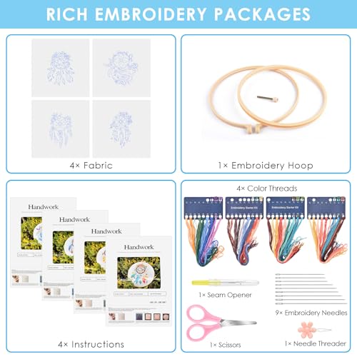 ERKOON 4 Set Embroidery Kit for Beginners, Cross Stitch Set Include Embroidery Cloth Hoops Threads for Craft Lover Hand Stitch with Embroidery Skill Techniques (Feather Wreath) - color: Feather Wreath