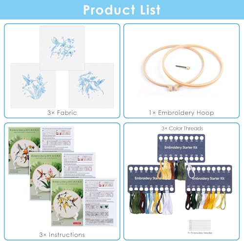 GLTAYLMY 3 Pack Embroidery Kits for Adults, Hummingbird and Flower Embroidery Kit for Beginners with Clear Instructions,1 Plastic Embroidery Hoops, Stamped Patterns, Colorful Threads, Tools - color: Bird123