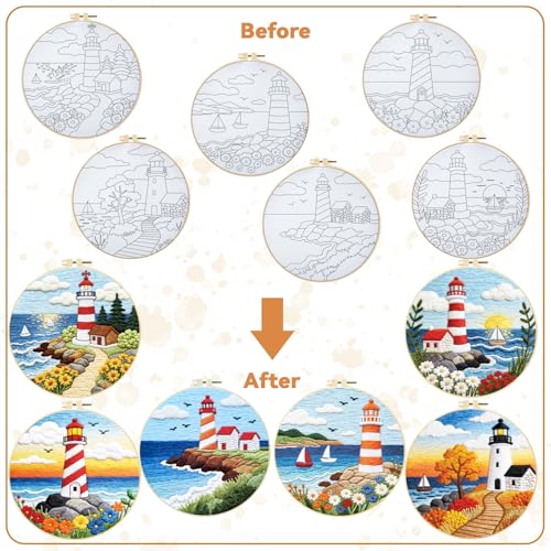 BEUNITONE 6 Set Beginner Embroidery Kit for Adults with Pre-Printed Washable Lighthouse Pattern, DIY Needlepoint Craft Kits for Cloth with Embroidery Hoop and Instruction, Funny Gifts for Home Decor - style: Lighthouse