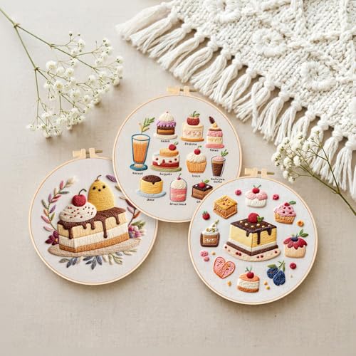 MAKHOT Cake Embroidery Kits for Beginners with Cross Stitch Kits, Embroidery Hoop, Tools,Colorful Threads,Step by Step Instructions,Adults Starter Cross Stitch Kit DIY Needlepoint(3PCS Cake) - color: 3PCS Cake