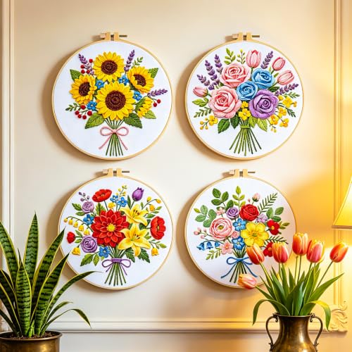 BEUNITONE 4pcs Embroidery Kit, Flower Stamped Embroidery Kits with Hoop, Thread & Needles, Colorful Bouquet Cross Stitch Kits Sewing Gifts for Adults and Beginners, DIY Craft for Relaxation - style: B-Bouquet