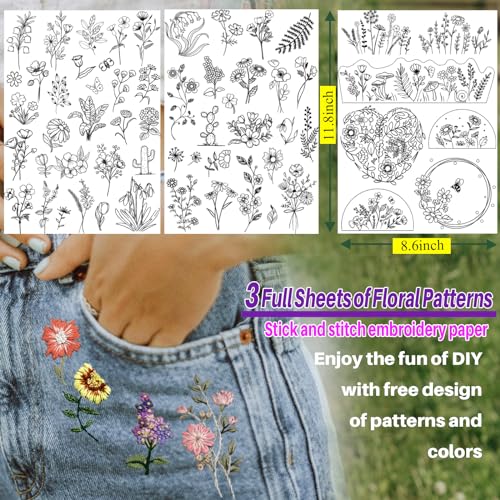 ZQmino 3 Sheets Stick & Stitch Water Soluble Floral Embroidery Patterns