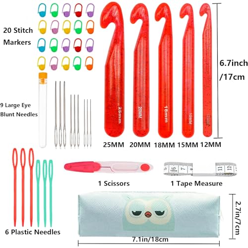 Hobekoee 43 Pcs Large Crochet Hooks Set,12mm 15mm 18mm 20mm 25mm Large Crochet Hooks for Chunky Yarn,Plastic Crystal Smooth Big Crochet Needles for Handmade DIY Crochet with Storage Bag - color: Red