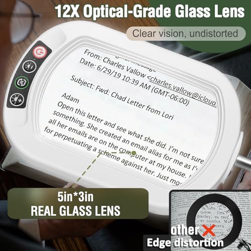 Veemagni 12X Rectangle Magnifying Glass with Light and Stand, 5 Color Modes Stepless Dimmable, 2-in-1 LED Lighted Desk Lamp & Clamp, Hands Free Magnifier for Reading Crafts Painting Close Work - White - color: White