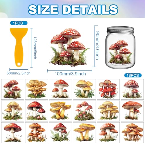 GLOBLELAND 18 Sheets Retro Mushrooms Transfer Stickers 3.9x3.6inch Plants Colorful Transfer Decal Rub on Transfer for Cup Decal Vase Glass Art Crafts Decorations - style: Mushrooms
