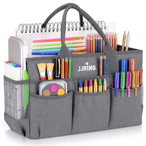 JJRING Large Art Supply Storage Tote Bag With Mesh Pockets, Green - color: Gray