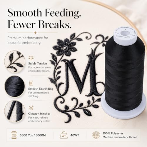 Simthread Embroidery Machine Thread 5000M 40WT Polyester, Black 900 - color: Black