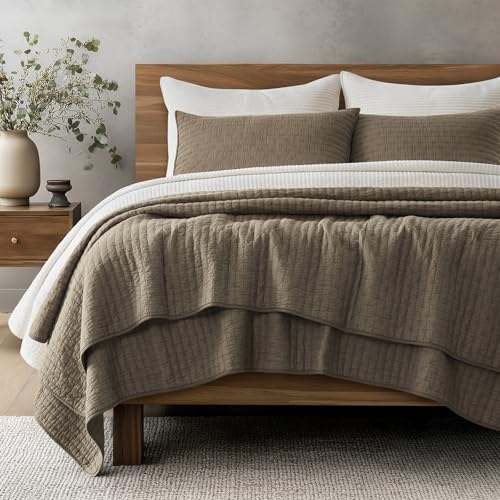 EverGrace 100% Cotton Cross Stitch 3-Piece Quilt Set, Queen, Mocha Brown - color: Mocha Brown, size: Full/Queen (92" X 96")