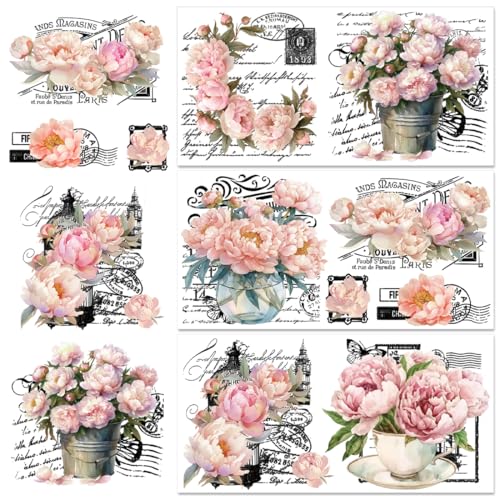 3 Sheet Peonies Flowers Rub on Transfers for DIY Crafts Vintage Florals Furniture Decal Retro Pink French Market Peonies Transfer Stickers for Wood DIY Paper Home Decor 11.8”* 5.9” - style: Peony Flower - Retro French Style