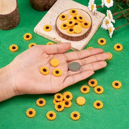 Beadthoven 50Pcs 15mm Flatback Resin Sunflower Cabochons Undrilled Floral Cameo Charms for Jewelry Embellishment Scrapbooking Supplies Dark Orange - color: 0Sunflower-Orange#15mm