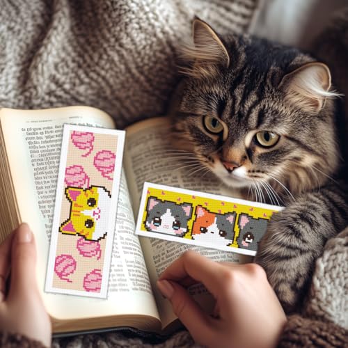 INFUNLY 6pcs Cartoon Cat DIY Cross Stitch Bookmark Kits for Beginner 8.66"×3.15" Cute Kitten Stamped Embroidery Kit with Instruction Pussycat Printed Bookmark Kits for Cat Lovers Book Readers Writers - style: 6pcs Cartoon Cat