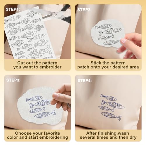 30Pcs Fish Water Soluble Hand Sewing Stabilizers, 8.3"x11.7" Sea Animal Minimalist Embroidery Pattern Stabilizer, 4 Sheets Line Fish Stick and Stitch Embroidery Paper Sticker