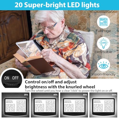 Rechargeable 5X Magnifying Glass for Reading, Large Bright Full Page Magnifier with Light, Handheld LED Dimmable Lighted, Lightweight Book Magnifier for Reading Small Prints Seniors Low Vision - color: Black