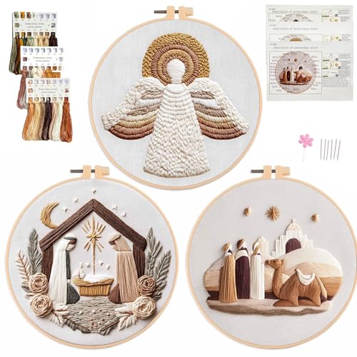 Myfelicity Embroidery kit,Adults Set,Nativity Scene Embroidery Hoop Art Set, Religious Christmas Theme, 3-Piece Collection with Angels and Manger Scene in White Embroidery Cloth - color: 60040-60041-60042