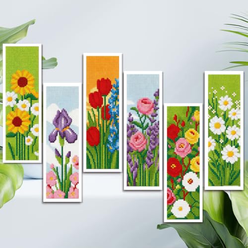 Zhenqing Floral Stamped Cross Stitch Bookmark Kit, 6 Garden Flower Designs on 11CT Fabric for Beginners, Book Lover Gift - color: 6 Garden Flower Bookmark