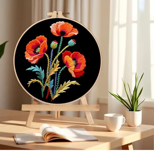 Huacan Embroidery Kit for Beginners, Flower Pre-Stamped Pattern Kits for Adults with Hoop, Easy to Follow Color Thread Needlework