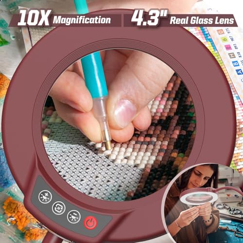 10X Magnifying Glass with Light and Stand, 5 Color Modes Stepless Dimmable LED Lighted Desk Lamp, Hands Free Flexible Gooseneck Magnifier with Light for Craft Hobby Painting Close Work - Red - color: Red, size: 10X-12.6in