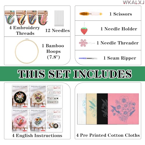 WKALXJ 4 Sets Embroidery Kits for Beginners Cross Stitch Kits Needlepoint Kits Crafts for Adults with Tools, Threads, Instructions, Needle Point Kits with Flower Stamped Patterns (Flowers B)