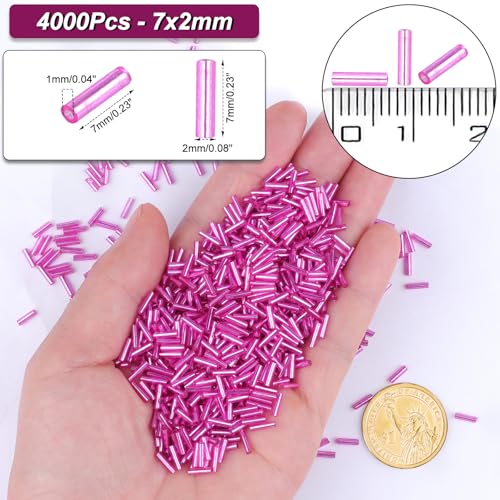 4000 Pcs Fuchsia Glass Bugle Beads, 2 x 7 mm Embroidery Beads, Small Long Tube Seed Beads for Embroidery Craft Jewelry Making - color: Fuchsia