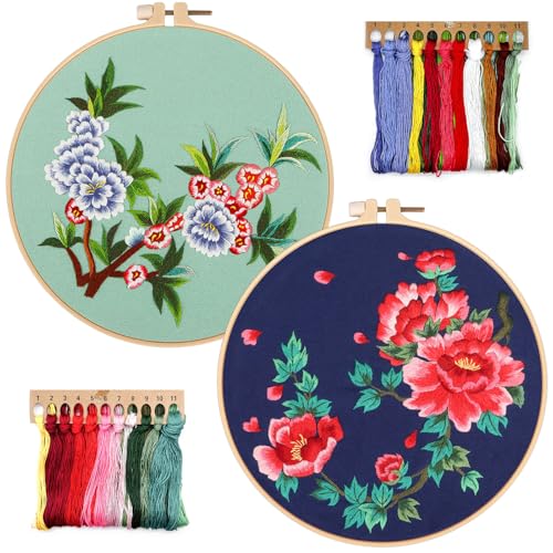FONNUY 2 Set Crewel Embroidery Kit for Beginners, Fantasy Floral Pre-Stamped Pattern Kits for Adults with Hoop, Easy to Follow Needlework, 8'' (Red)