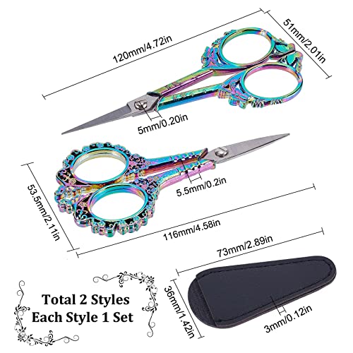 SUNNYCLUE 2Pcs Small Embroidery Sewing Scissors Detail Shears Vintage Sharp Tip Scissor Stainless Steel Scissors for Cutting Fabric Craft Knitting Threading Needlework Artwork Handicraft DIY Tool - color: Rainbow Color-2pcs-butterfly Flowers Scissors With