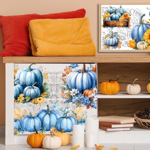 Wxiben Rub on Transfers for Crafts and Furniture - 6 Sheet Fall Pumpkin Rub on Transfers Stickers Watercolor Autumn Sunflower Furniture Decals for Thanksgiving Harvest Wood DIY Craft Home Office Decor - style: Blue Fall Pumpkin