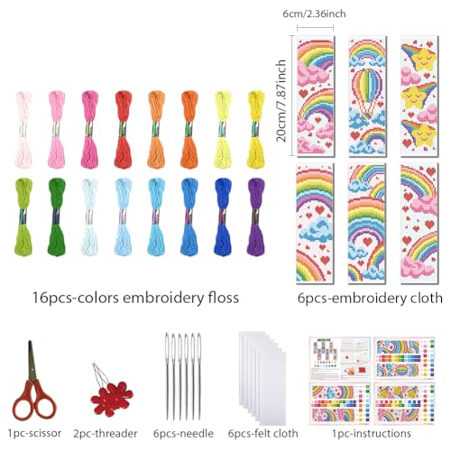 FREEBLOSS 6 Set Cross Stitch Bookmark Kit 11 CT Stamped Cross Stitch Kit DIY Embroidery Bookmark Kits for Adult Beginners with Instructions, Rainbow Pattern, 6 x 20 cm/8" x 2.4" - style: Rainbow Cloud
