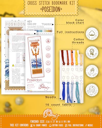 Povitrulya Counted Cross Stitch Kit Poseidon – DIY Bookmark Embroidery Set for Adults & Beginners, Trident Sea Waves Ancient Greek Mythology Needlework Gift - color: Poseidon