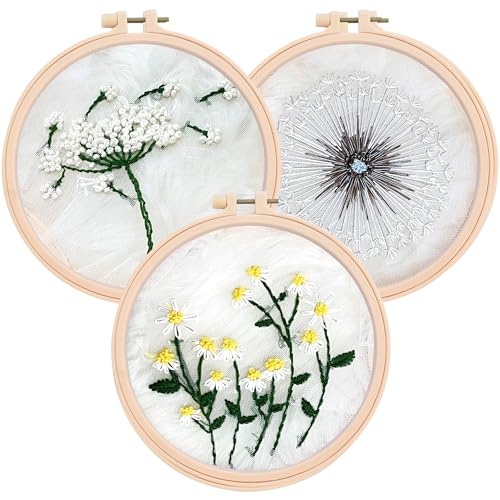 Clear Background Embroidery Kit for Beginners – DIY Hand Embroidery Kit with 3 Hoops, Stamped Patterns, Needles, Thread, Scissors – Minimalist Embroidery Set for Adults, Teens, Women, Craft Lovers - color: Clear Background with Flowers