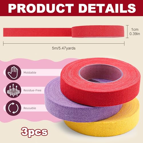 3 Rolls Thimble Tape for Hand Sewing, Breathable Cotton Finger Protector Tape, Adjustable Self-Adhesive Nail Guard for Quilting, Embroidery & Knitting Crafts Paperwork Carving (Red, Yellow, Purple)