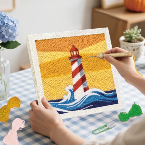 BEUNITONE 2Set Punch Needle Kit with Frame for Adults Beginners, Lighthouse Needlepoint Crafts Kit for Adults, Complete Embroidery Starter Kits with Pre-Print Pattern for Gift Home Decor 9.4"x9.4" - color: 04-Lighthouse