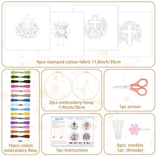 BEUNITONE 4Set Cross and Flowers Pattern Embroidery Kit for Adult Beginners - style: D-Cross Flower