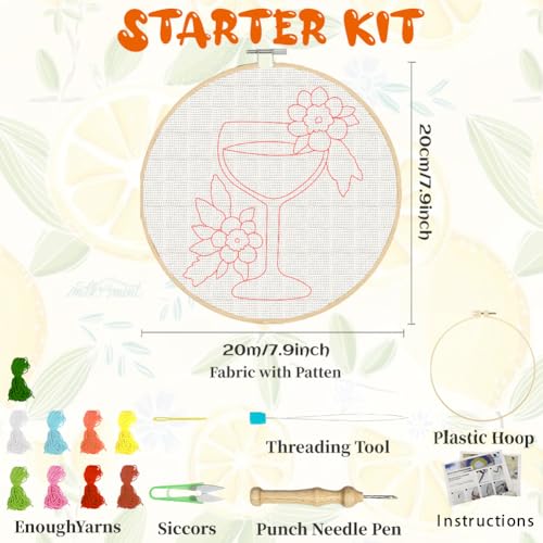 BEUNITONE 2Pcs Drinks Punch Needle Kit for Adults Beginners, Complete Embroidery Craft Kit Needlepoint Kits for Adults with Hoop, Punch Needle Starter Craft Set for Gifts and Home Decor 20x20CM - color: 14-Drinks