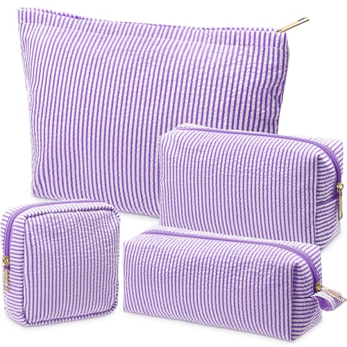 Sanwuta 4 Pcs Seersucker Pouch Striped Makeup Bag Set, Purple - color: Purple