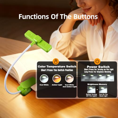 VAVOFO 24 LEDs Rotatable Book Light, Rechargeable Clip Reading Lamp - color: Neon Green