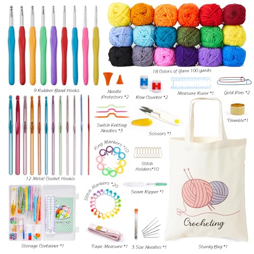 INSCRAFT Crochet Kit for Beginners Adults, 18 Large Acrylic Yarn Skeins 1800 Yards Yarn, 105 PCS Crochet Kit with Hooks Yarn Set,Includes Canvas Tote Bag, Ideal Starter Pack for Professionals - size: 105 Piece Crochet Kit