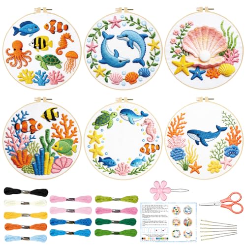 ACRNIGHEET 6PCS Embroidery Kit for Adults Beginners, Needlepoint Kits for Adults, Embroidery Starter Kit, Stamped Cross Stitch Kits for Crafts Lovers Gift Idea, Include Instructions(Ocean)