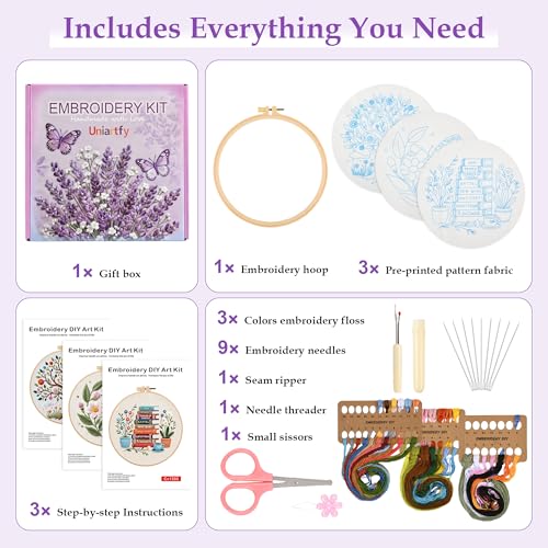 Uniartfy 3 Set Embroidery Kit for Beginners, Butterfly Tree Book Patterns - color: Embroidery Kit-C